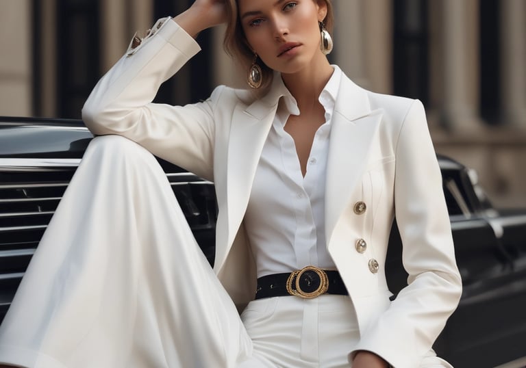 An elegant editorial photo featuring a model in a stylish outfit.