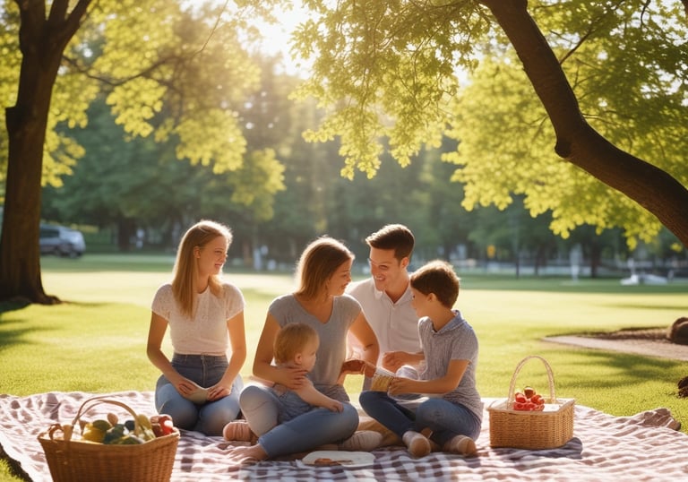 A lifestyle photograph of a family enjoying a picnic in a sunlit park.