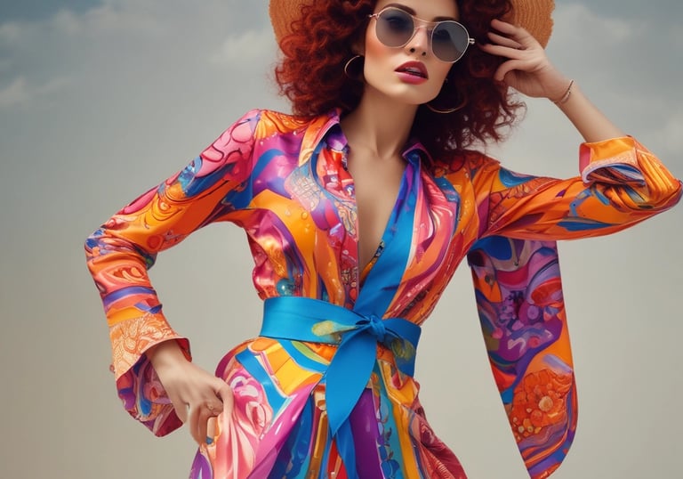 An editorial fashion shoot showcasing vibrant colors and dynamic poses.