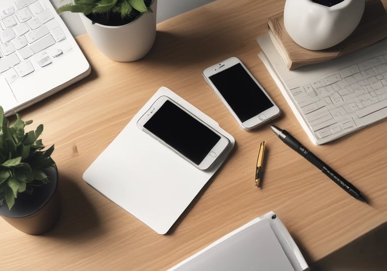 a desk with a laptop, notebook, and a notebook