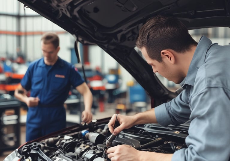 A mechanic using diagnostic tools on a vehicle engine.