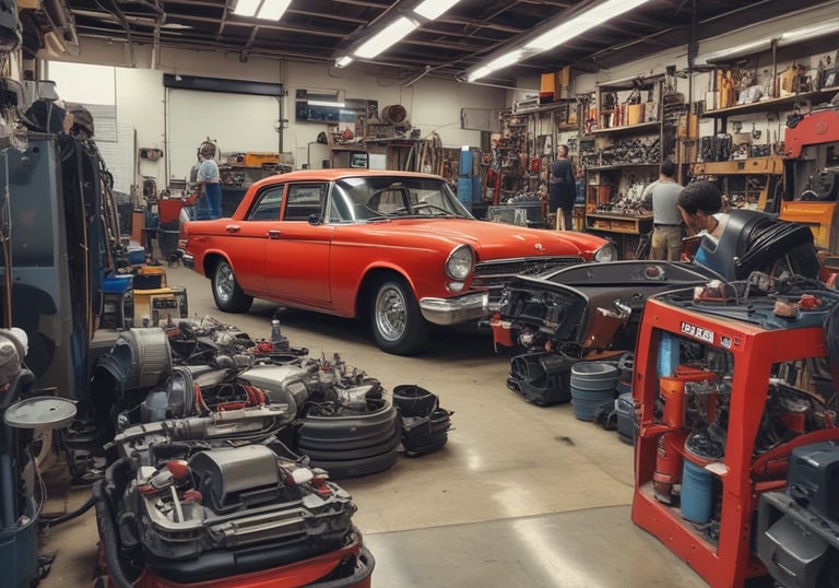 A well-equipped vehicle repair shop with tools and parts.