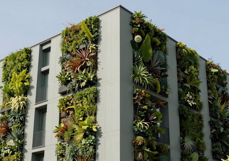 An architectural photograph of a modern green building featuring vertical gardens and clean exterior insulation panels in sage grey. Southern European style, bright daylight, emphasizing sustainable living.