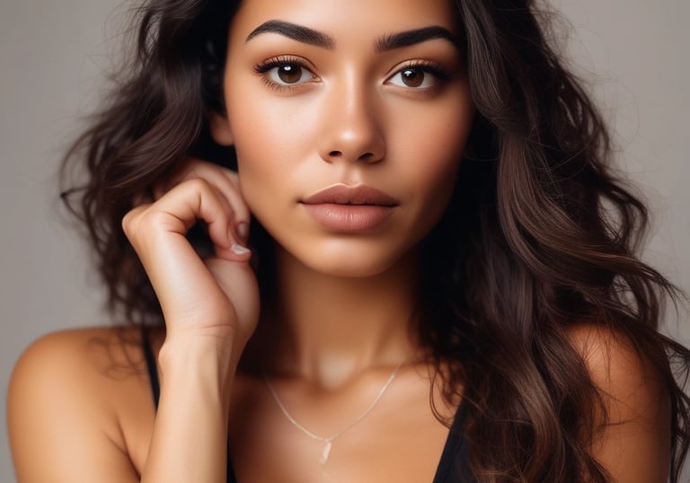 Close-up of a woman gently touching her glowing natural skin in a sunlit room.