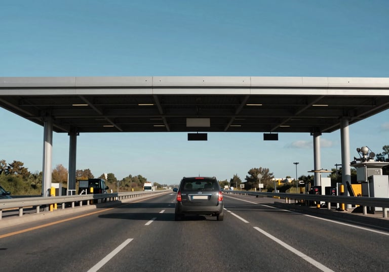 A vehicle passing through a sleek highway toll point with a blue sky background, emphasizing a seamless journey.