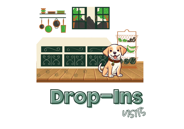 Illustration for Julia's Pet Pals drop-in visits in Boston, featuring a happy dog in a cozy kitchen with the text 'Drop-Ins'