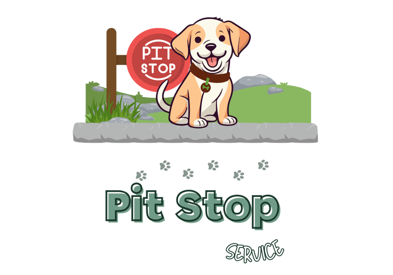 Julia's Pet Pals dog mascot in front of a pit stop sign outside in Massachusetts with the text 'pit stop service' underneath