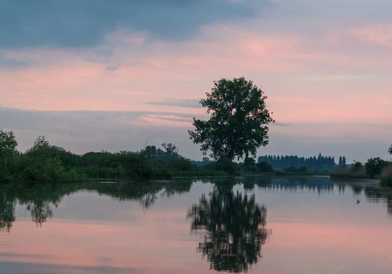 Sunset reflections on calm waters in Parco del Mincio nature reserve.