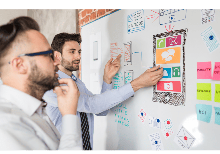 Digital marketing expert and client discussing content strategy in front of a whiteboard