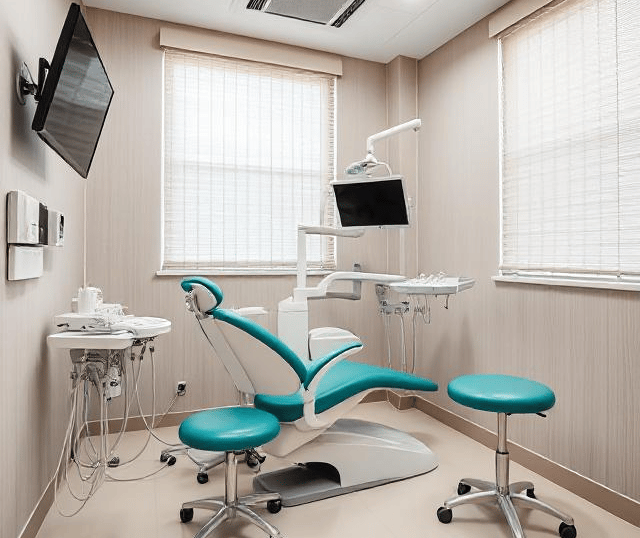 a dental room with a chair and a television