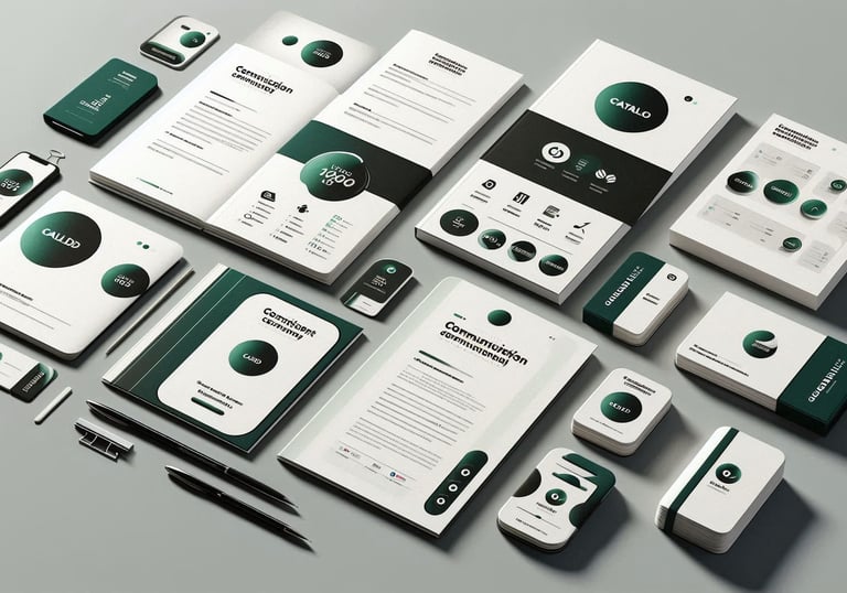Conjunto organizado de materiais como folhetos e cartões de visitas, com identidade visual similar