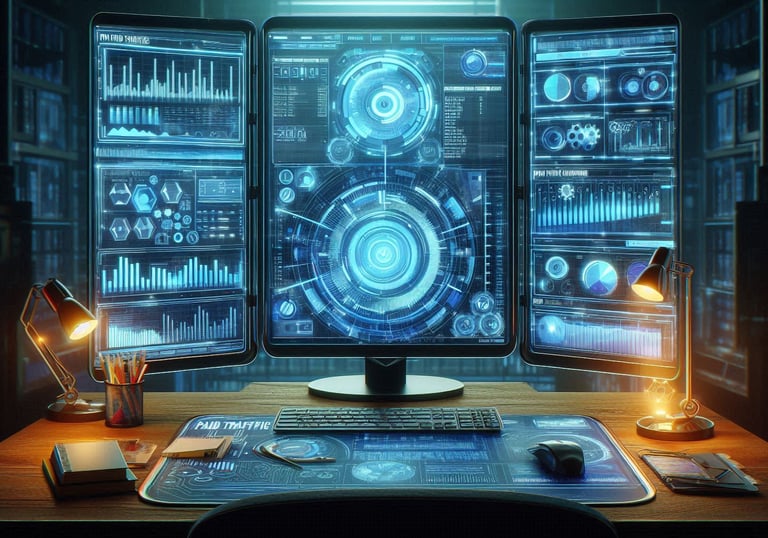 Três telas de computador, lado a lado, exibindo gráficos de desempenho e dashboards de dados