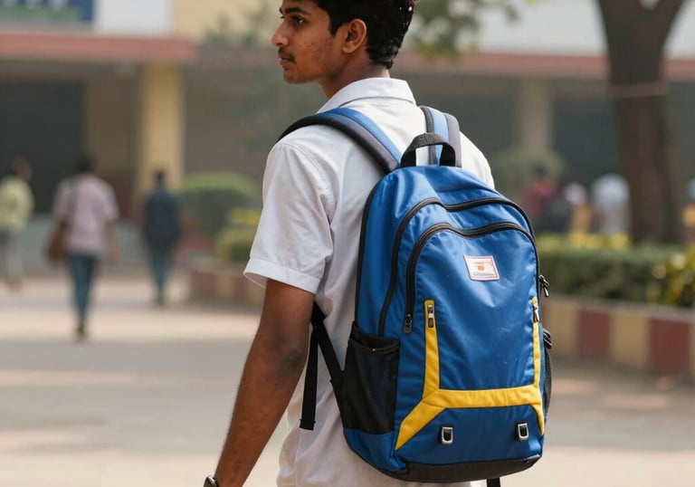 A vibrant photograph of a South Asian college student walking through a sunlit university campus in India, carrying a modern blue and yellow backpack.