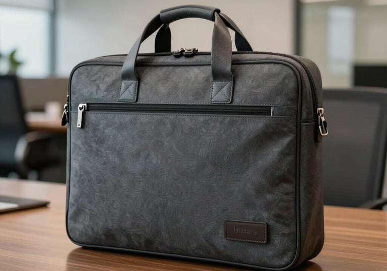 A close-up photograph of a sleek, charcoal gray professional laptop bag with leather accents, resting on a polished wooden desk in a modern corporate office in India.
