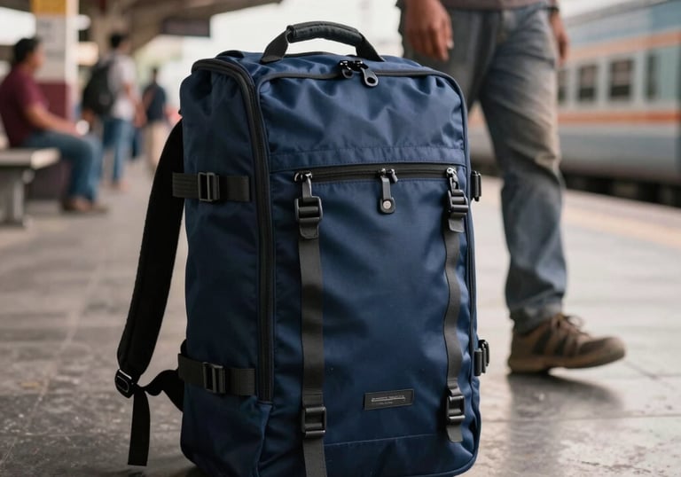 A high-action photograph of a durable navy blue travel rucksack placed beside a traveler at a bustling South Asian train station, catching the warm evening light.