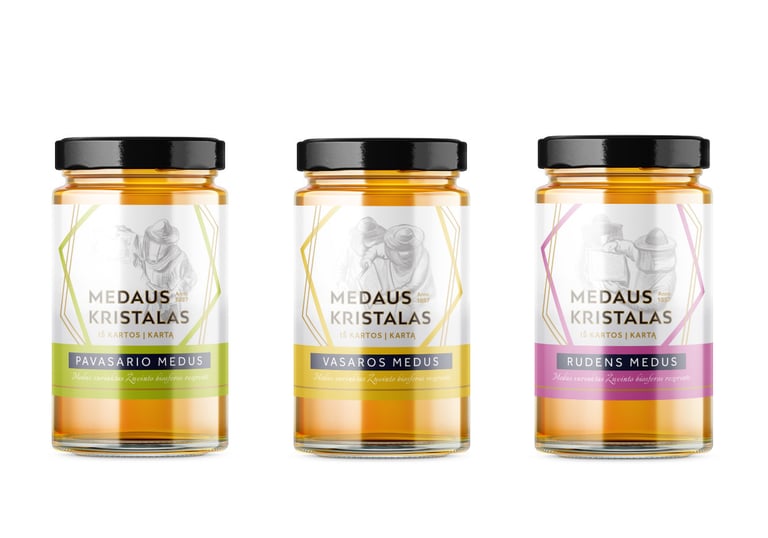 three jars of honey. label designs with illustration and bright colors