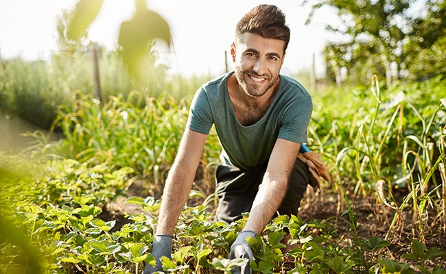 Un homme heureux dans son potager