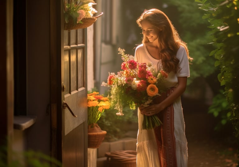 a woman holding a bouquet of flowers in a doorway