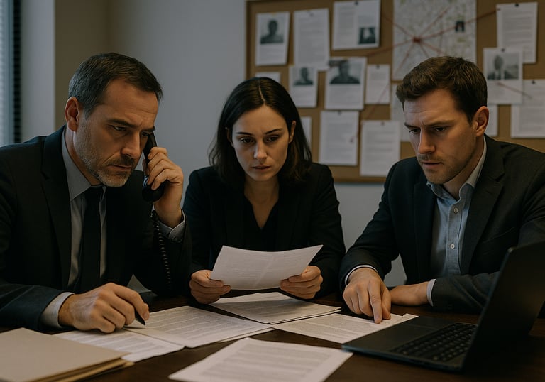 Investigators in suits analyze forensic evidence and case files in a dim precinct office.
