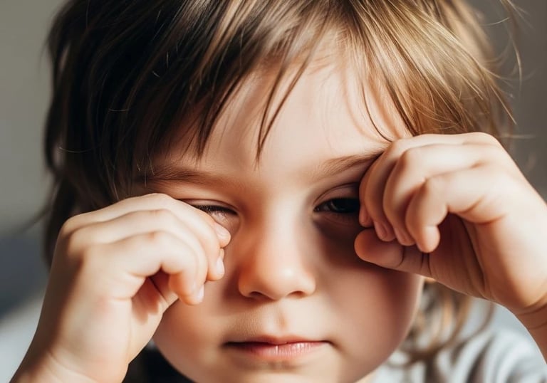 Child rubbing eyes after effects of screen time showing possible signs of vision problems.