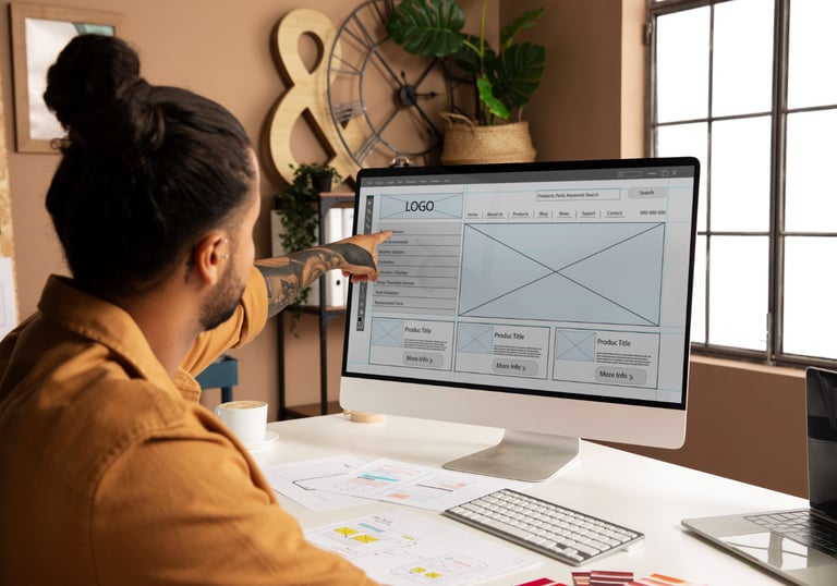 Web design team collaborating on a responsive website project, ensuring accessibility and innovation for small businesses.