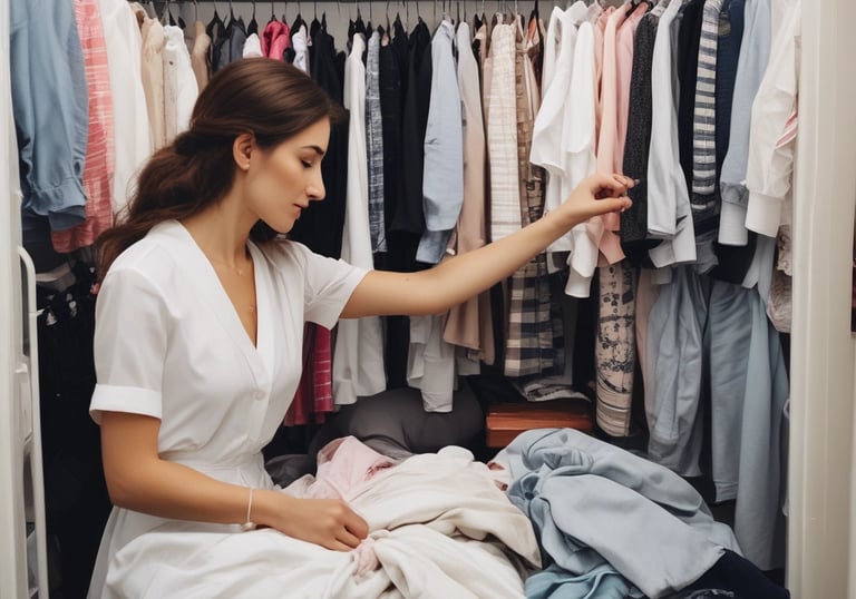 A set of cleaning products is arranged on a light-colored marble surface. The items include two metal spray bottles, a small glass bottle with a liquid, a natural bristle brush, and a cloth with dark stripes. Sunlight filters through leaves, casting dappled shadows on the surface.