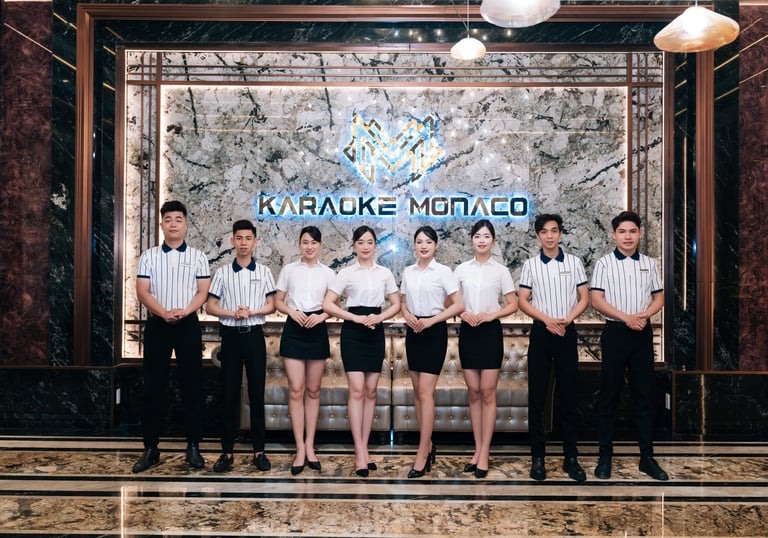 Đội ngũ nhân viên tại Karaoke Monaco phục vụ tận tình, chu đáo, thân thiện với khách hàng.