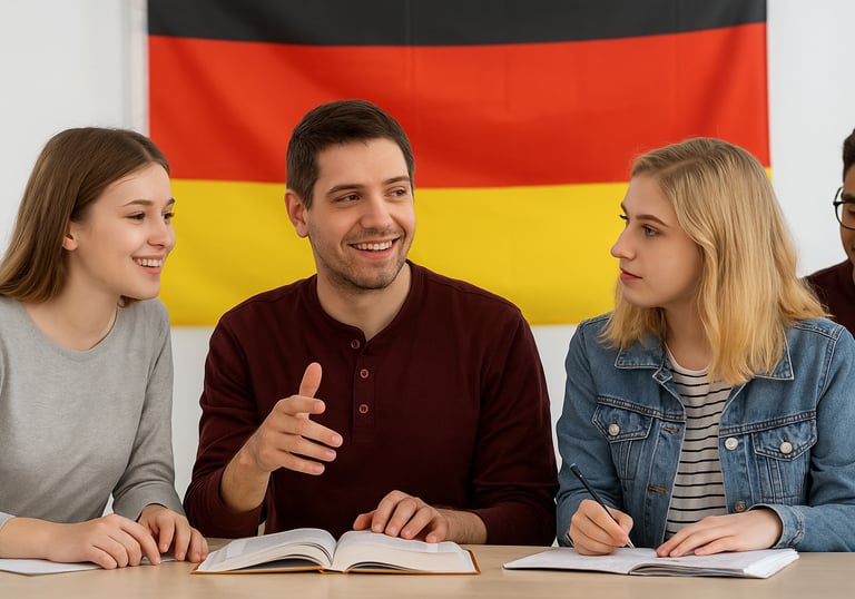 a group of people sitting at a table with books