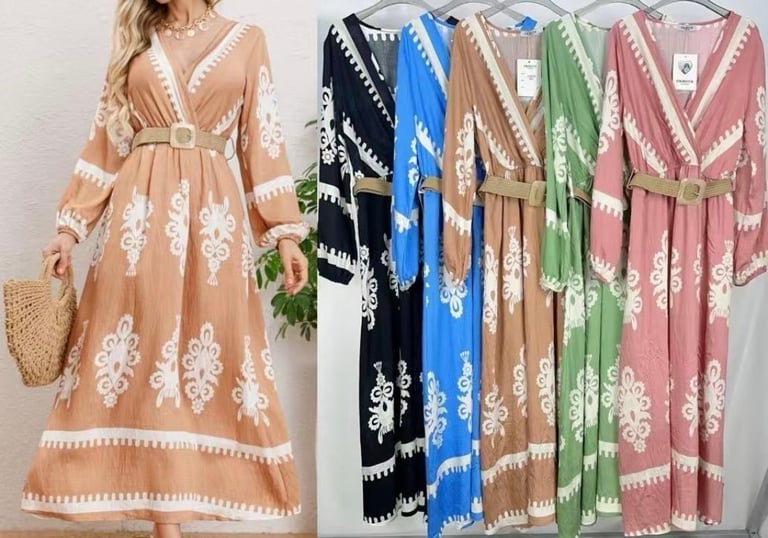 a woman wearing a long sleeved dress with a belted belt