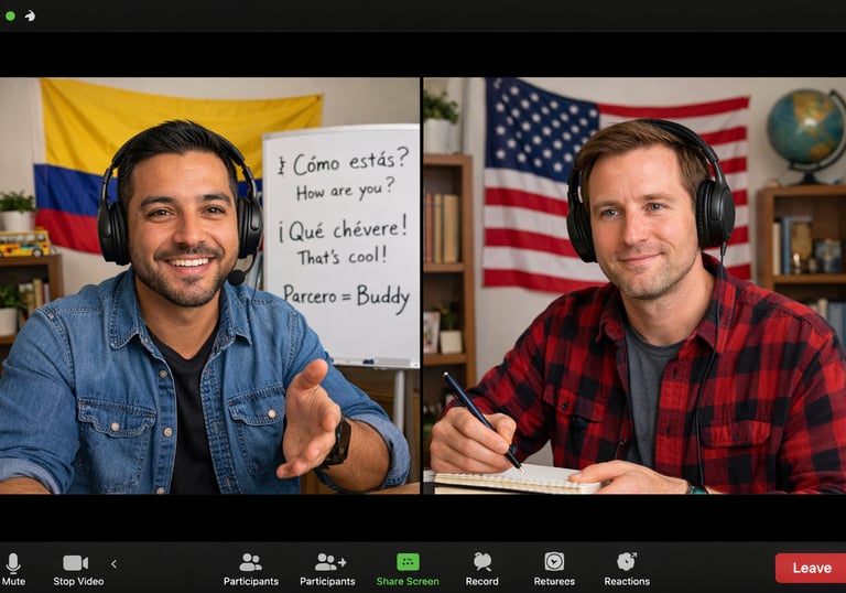 a colombian teacher is teaching colombian spanish to a white person from USA