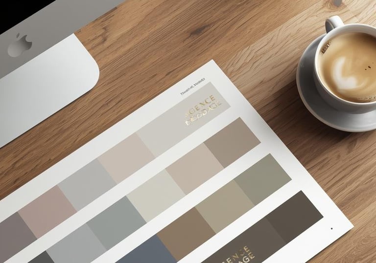 Wooden desk with a computer, a sheet with colour swatches, and a cup of cofee