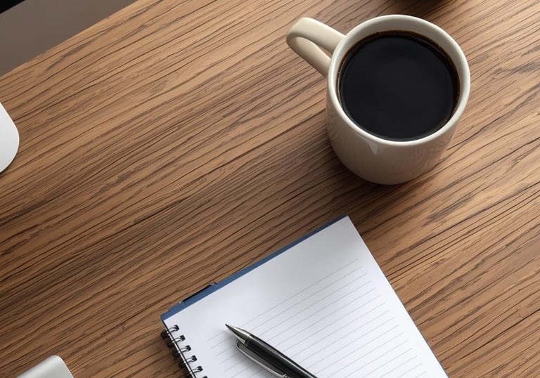 Wooden desk with a computer with a notebook and a pen, and a cup of coffee