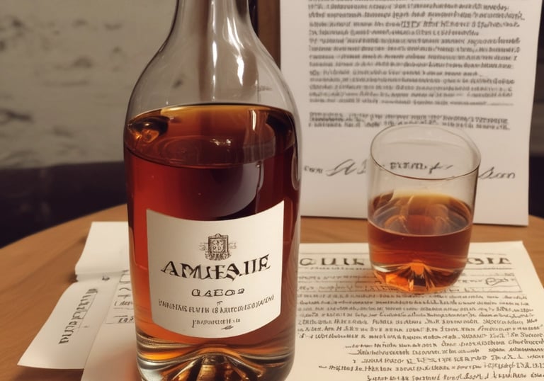 A bottle of Richelieu International brandy stands next to a glass filled with a similar amber liquid and ice, placed on a marble surface. The golden bottle cap is off and positioned on the right side of the bottle.