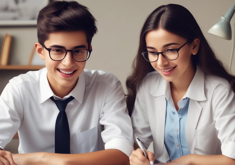 A blue sign with gold letters in both a local language and English, advertising a foreign language specialized school. The sign is situated outside a building surrounded by trees and lit by natural sunlight.