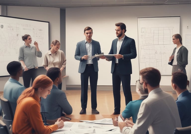 A group of five individuals are in a conference room engaging in a meeting. Four people are seated at a table with laptops and notebooks in front of them, while one person is standing and pointing at a projection on the wall displaying various company logos.