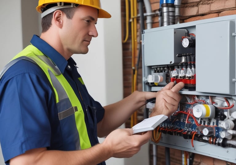 Three individuals are working on a mechanical engine under a sheltered area. One is wearing a blue hard hat and examining the engine closely. There are tools and boxes on the ground nearby, and a red metal bar is attached to the engine for support. Various vehicles including a truck and a motorcycle can be seen in the background.
