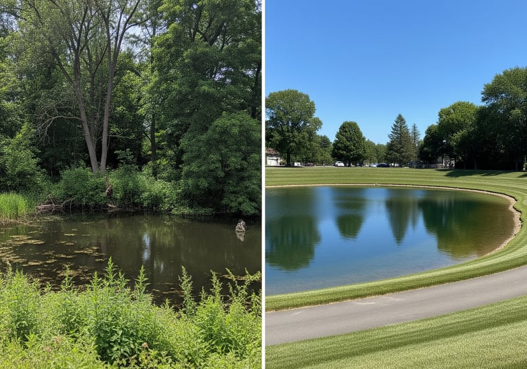 before and after of a Douglasville detention pond service pond restoration