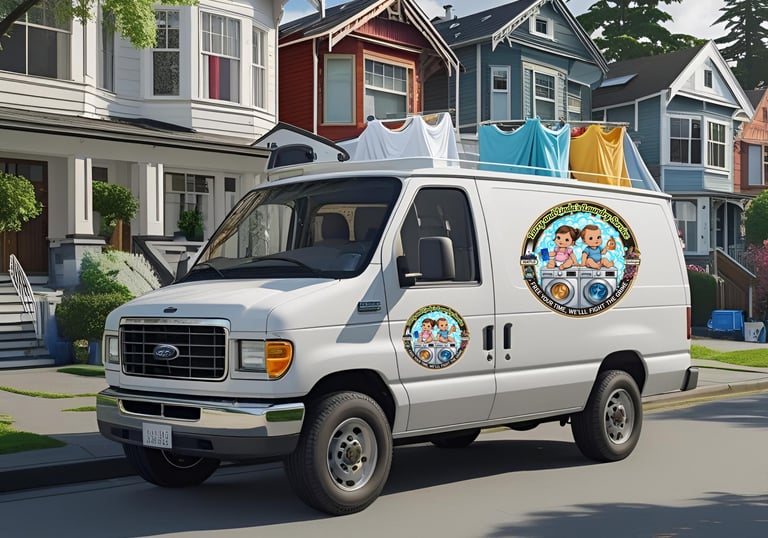 a van with the Larry & Lindas logo on the van in a quiet Seattle Neighborhood
