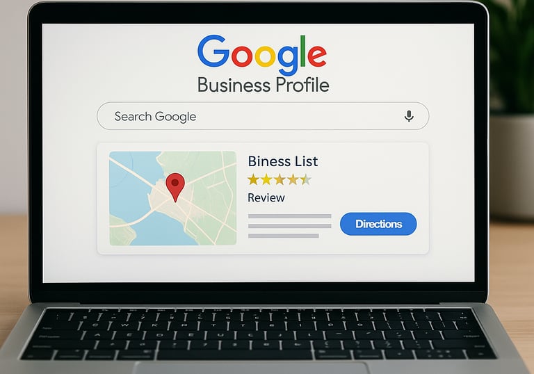 Captura de pantalla de un perfil de empresa en Google Business Profile mostrado en un ordenador port