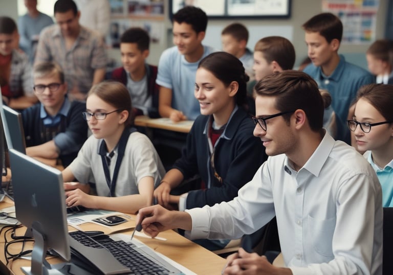 A black and white photograph of a classroom where multiple students are sitting at desks with computers. A person is interacting with the students, possibly teaching or assisting them. Large windows line the wall in the background, allowing natural light to illuminate the room.