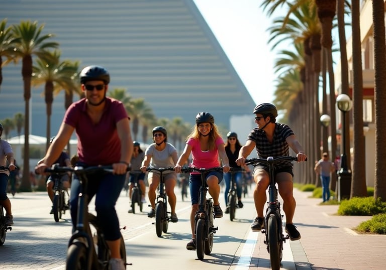 a family riding bikes on the property of the luxor hotel