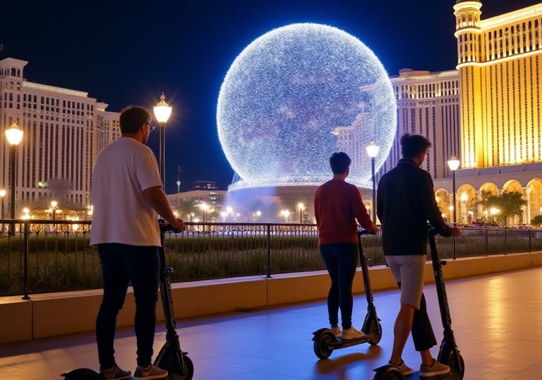 riding scooters looking at the neon strip lights of vegas at night