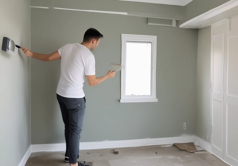 An unfinished interior room with a textured white wall and exposed electrical wiring hanging. The floor appears to be covered with protective material, indicating ongoing renovation work. In the corner, there is a bottle and some tools, suggesting construction or maintenance activities.