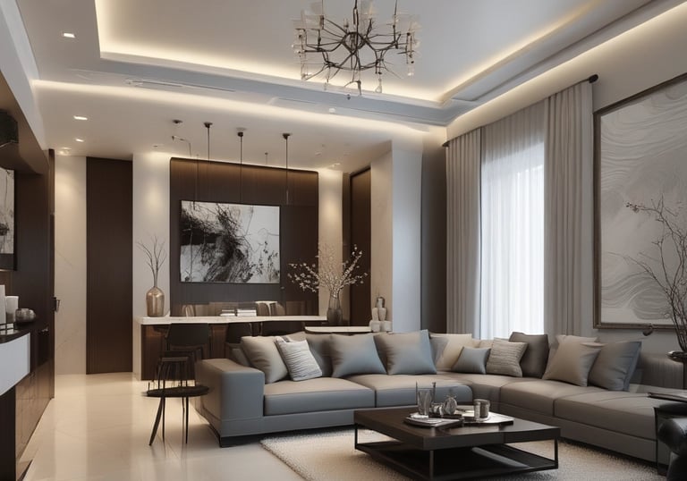 A modern interior room with a minimalistic design. There is a round wooden table with white chairs around it, set against a dark green wall. A round mirror is mounted on the wall, reflecting part of the window. A small potted plant sits on a wall shelf, and a pair of nesting tables are positioned in the foreground on a wooden parquet floor.