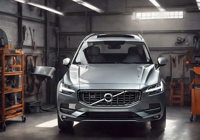 silver Volvo car with headlights on during night