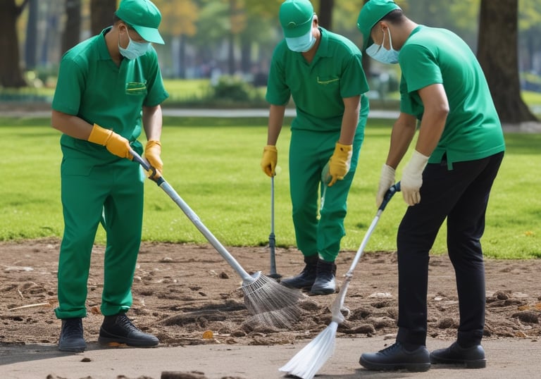 Several people wearing green uniforms and orange hats are cleaning a park area. They appear to be using brooms and bags to gather fallen leaves. The park is lush with trees and greenery, and the sunlight casts dappled shadows on the ground.