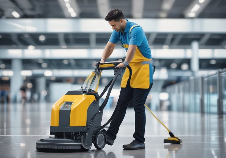 A person in a cleaning uniform is pushing a floor cleaning machine in front of a large wall made of blue-tinted glass blocks. The shadowed silhouette of another person is visible in the foreground, captured mid-step, creating a dynamic sense of motion.