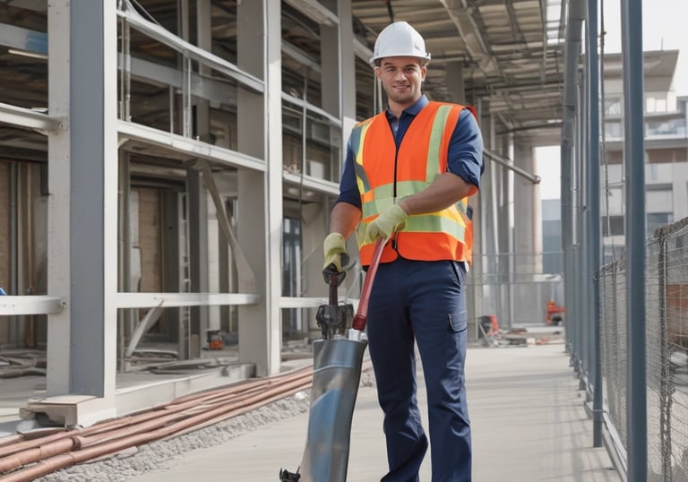 a man riding a skateboard down a street next to tall buildings