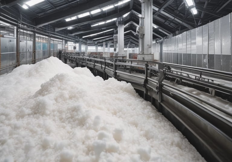 A large white pile of salt or similar material is situated behind a green wire fence. An industrial structure with metal beams and a conveyor belt runs above the mound. In the background, there are buildings and a clear blue sky.