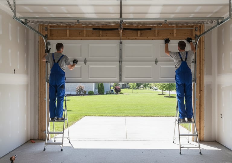 2 garage door technicians installing a garage door in Corpus Christi, Texas